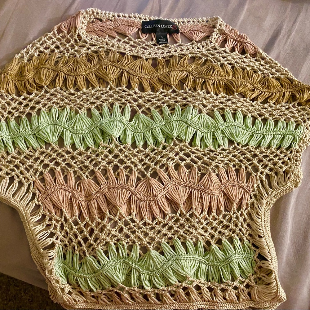 Colleen Lopez macrame crochet knit swim coverup top small